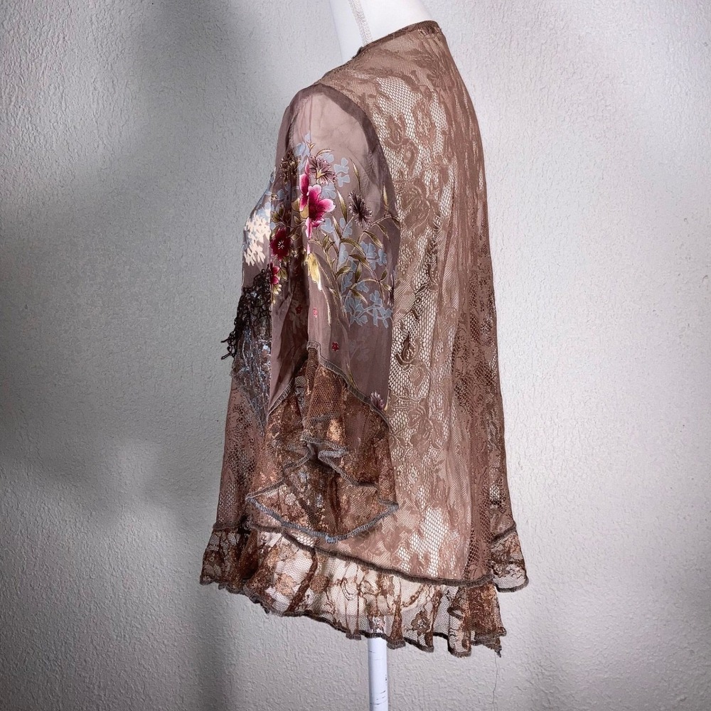 Spencer Alexis Boho Floral Embroidered Lace Kimono Brown Sheer Open Front Top - Picture 4 of 10